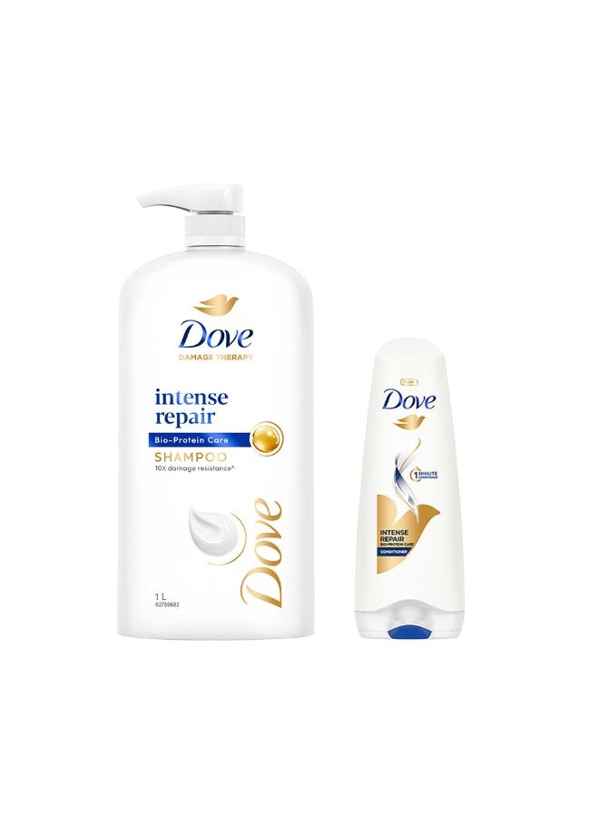 Dove Intense Repair Shampoo 1 Litre + Conditioner 175ml, Combo | For Dry and Damaged Hair | Enriched with Fibre Actives | Strengthens Smooth & Strong Hair - Image 1
